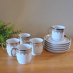 ELEGANT Porcelain White With Gold Tone Trim Demitasse Cups And Saucers, Set Of 5